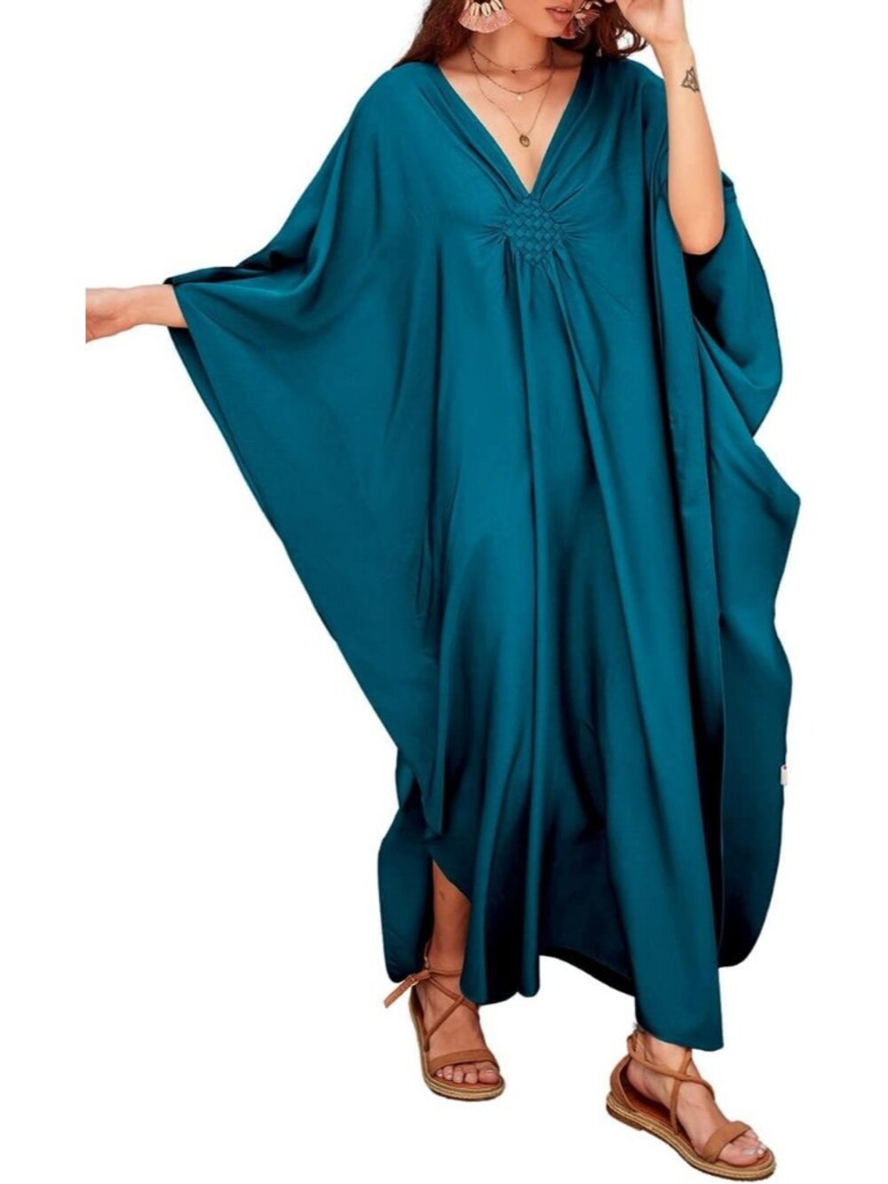 Women's Plus Size peacock Blue Kaftan Maxi Dress V Neck Batwing Swimsuit
